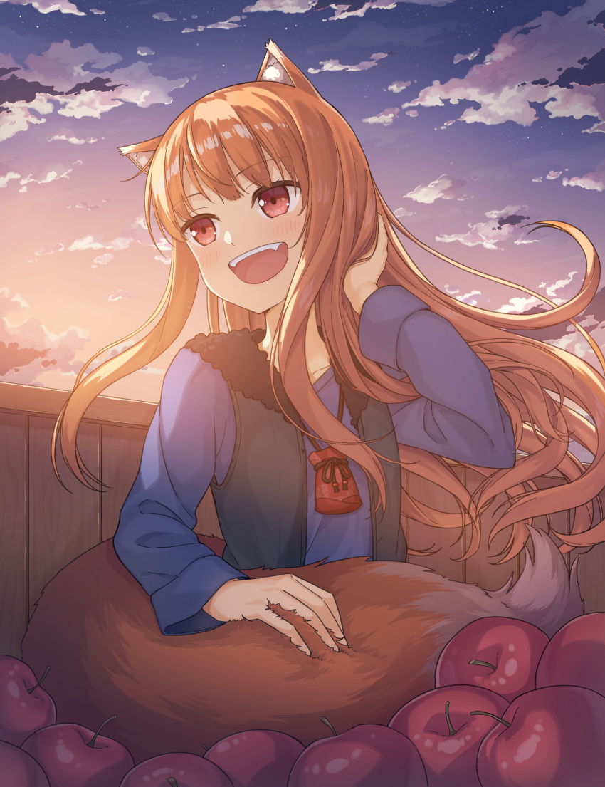 1girl :d absurdres animal_ears apple blue_shirt brown_hair carriage food fruit hand_up highres holo long_hair outdoors pouch red_eyes red_hair shirt sitting smile solo spice_and_wolf tail tuya_yuanwang twilight vest wolf_ears wolf_tail