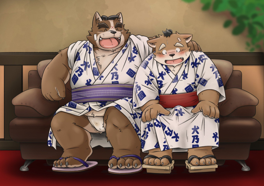 2022 anthro asian_clothing belly big_belly blush brown_body brown_fur bulge canid canine canis clothing detailed_background domestic_dog duo east_asian_clothing eyes_closed footwear fundoshi fur furniture hi_res humanoid_hands japanese_clothing kemono male male/male mammal mind_drive mizuse_higomaru overweight overweight_male sandals sitting sofa underwear white_clothing white_fundoshi white_underwear