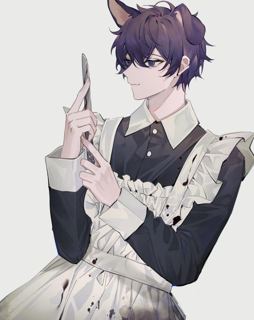 1boy alternate_costume animal_ears apron black_dress blood blood_on_clothes commentary_request crossdressing dirty dirty_clothes dog_boy dog_ears dress frilled_apron frills grey_background highres holding holding_knife indie_virtual_youtuber knife long_sleeves looking_to_the_side maid male_focus purple_eyes purple_hair short_hair shoto_(vtuber) simple_background smile solo xingxing_mei