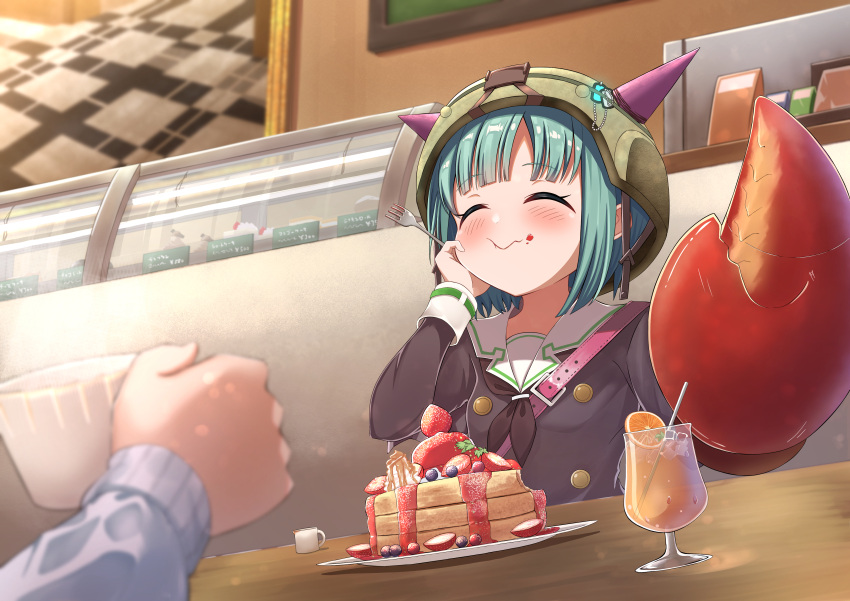 2girls absurdres black_neckerchief blurry blurry_foreground blush bungo_yayoi closed_eyes closed_mouth commentary crab_claw cup dutch_angle eating efu_(ehutan) fake_horns food fork green_hair green_headwear hand_on_own_cheek hand_on_own_face heaven_burns_red highres holding holding_cup holding_fork horned_headwear horns indoors juice long_sleeves multiple_girls neckerchief orange_juice pancake pink_bag purple_shirt shirt short_hair sitting sleeve_cuffs solo_focus upper_body wavy_mouth yamawaki_bon_ivar