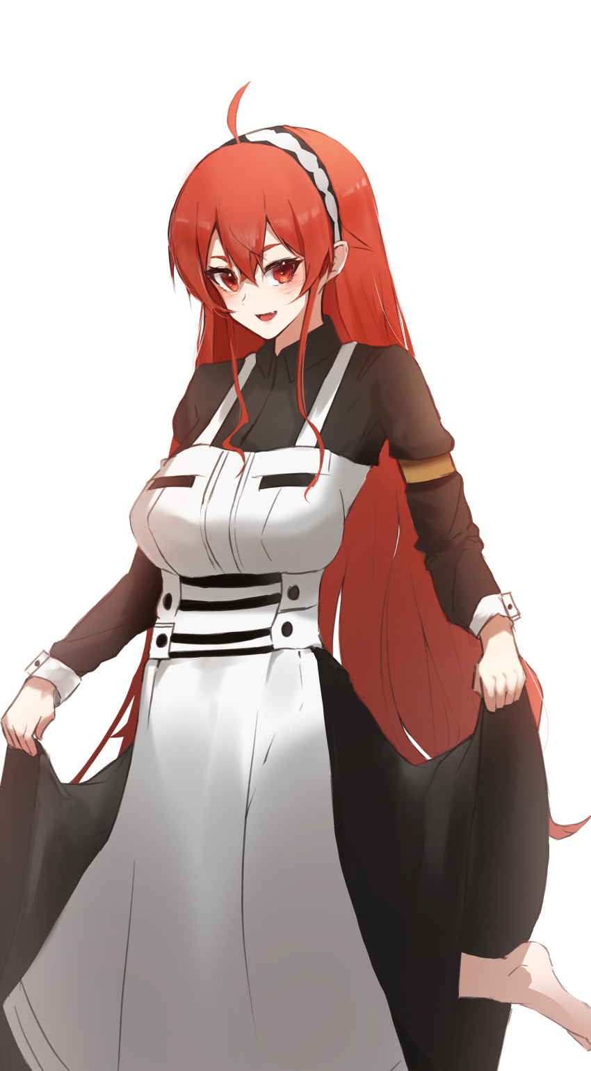 1girl absurdres ahoge apron black_collar black_dress blush breasts clothes_lift collar dress dress_lift eris_greyrat hair_between_eyes highres large_breasts lifted_by_self long_hair looking_at_viewer maid maid_apron maid_headdress mushoku_tensei red_eyes red_hair sashal simple_background smile solo standing standing_on_one_leg teeth triangle_mouth upper_teeth_only very_long_hair white_apron white_background white_headdress
