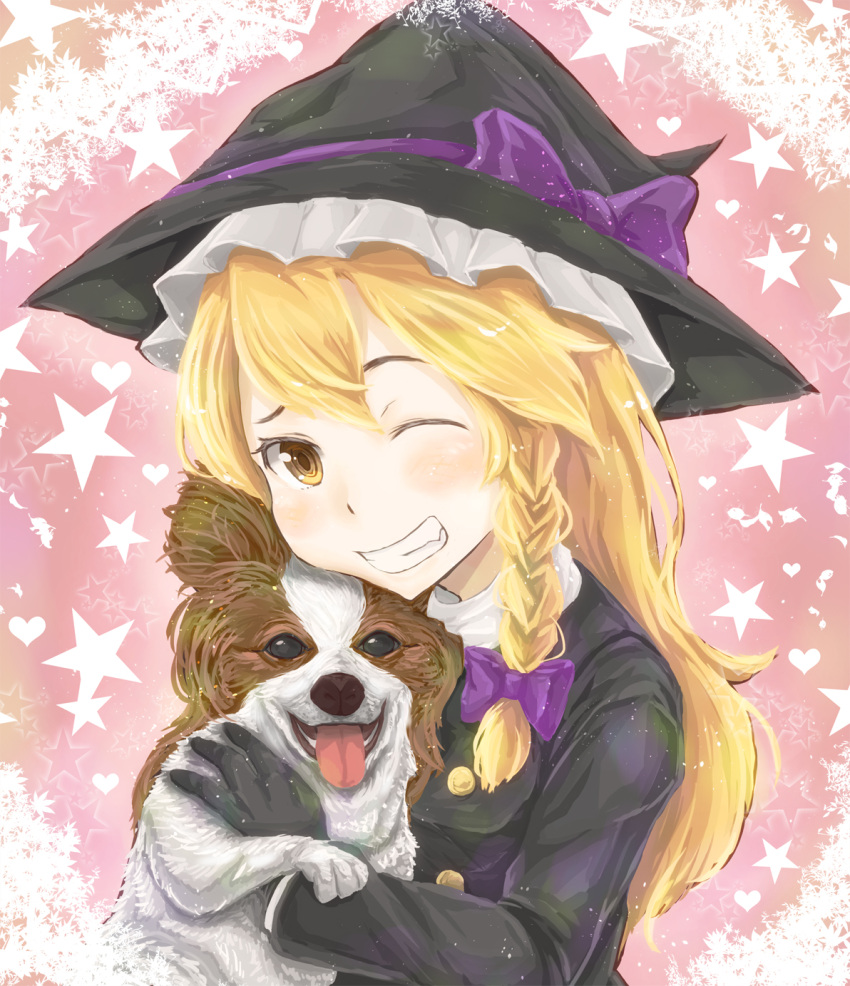 1girl animal bangs black_coat black_gloves blonde_hair blush bow braid coat commentary_request cookie_(touhou) dog dog_request frilled_hat frills gloves grin haiperion_buzan hair_between_eyes hat hat_bow highres holding holding_animal holding_dog kirisame_marisa long_hair long_sleeves looking_at_viewer one_eye_closed pink_background purple_bow rei_(cookie) shirt side_braid single_braid smile solo star_(symbol) touhou turtleneck upper_body white_shirt yellow_eyes