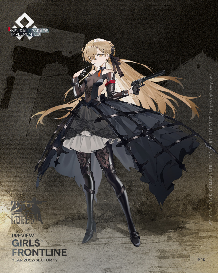 1girl artist_request bangs bare_shoulders biting black_choker black_dress black_footwear black_gloves bodystocking boots braid breasts character_name choker closed_mouth collarbone copyright_name cross cross_earrings cross_necklace dress earrings english_text eyebrows_visible_through_hair full_body girls'_frontline glove_biting gloves gun hair_ornament hair_ribbon hairclip handgun high_heel_boots high_heels highres holding holding_gun holding_weapon jewelry light_brown_eyes light_brown_hair long_hair long_sleeves looking_at_viewer mod3_(girls'_frontline) necklace official_art pistol ppk_(girls'_frontline) promotional_art ribbon small_breasts solo standing very_long_hair walther walther_ppk weapon
