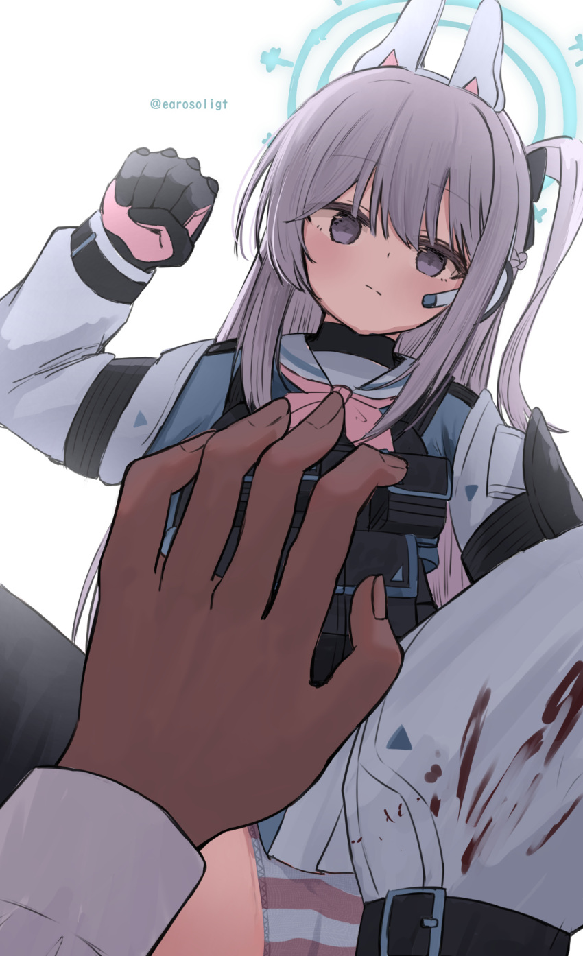 1girl 1other animal_ears beating black_gloves blood blood_on_clothes blue_archive blue_halo blue_serafuku blush braid clenched_hand closed_mouth earosoligt fake_animal_ears gloves grey_hair halo highres long_hair long_sleeves looking_at_viewer miyako_(blue_archive) one_side_up pink_gloves purple_eyes rabbit_ears raised_fist sailor_collar school_uniform serafuku simple_background twitter_username two-tone_gloves white_background white_sailor_collar