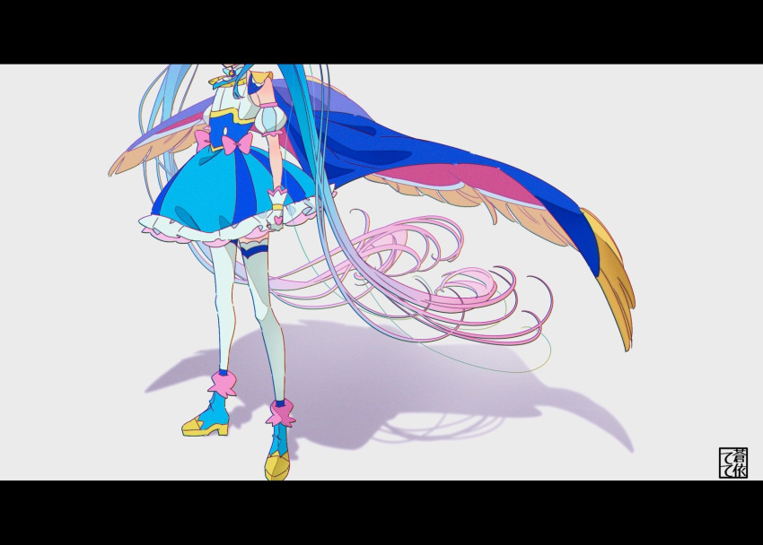 1girl ankle_boots aoi_tete artist_logo blue_cape blue_dress blue_footwear blue_hair boots bow brooch cape clenched_hand commentary cure_sky dress dress_bow fingerless_gloves frilled_dress frills fringe_trim gloves gradient_hair head_out_of_frame highres hirogaru_sky!_precure jewelry letterboxed long_hair magical_girl multicolored_hair precure puffy_short_sleeves puffy_sleeves red_cape shadow short_dress short_sleeves sleeveless sleeveless_dress solo sora_harewataru standing thighhighs two-sided_cape two-sided_fabric two-tone_dress very_long_hair white_dress white_gloves white_thighhighs wind wing_brooch