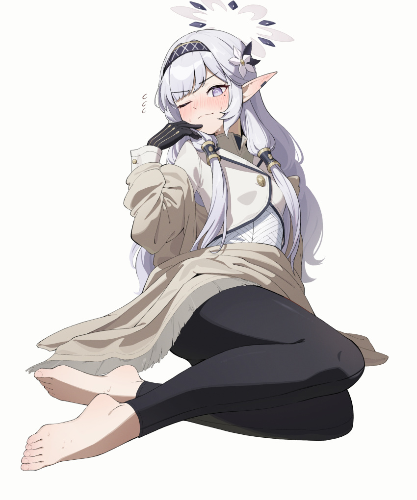 1girl barefoot black_gloves black_hairband black_leggings blue_archive blush closed_mouth dress flower gloves grey_hair grey_halo hair_flower hair_ornament hair_tubes hairband halo highres himari_(blue_archive) jacket leggings long_hair long_sleeves looking_at_viewer moio52 mole mole_under_eye one_eye_closed pointy_ears purple_eyes simple_background solo striped_clothes striped_hairband toes white_background white_dress white_flower white_jacket
