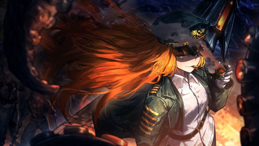 1girl 1other 2boys belt collared_shirt game_cg green_jacket harpoon hat heathcliff_(project_moon) highres holding holding_smoking_pipe ishmael_(project_moon) jacket limbus_company long_hair military_hat military_jacket military_uniform multiple_boys nai_ga ocean official_art orange_hair peaked_cap pipe_in_mouth project_moon rope shirt smoking smoking_pipe solo_focus tentacles uniform wavy_hair white_shirt yi_sang_(project_moon)