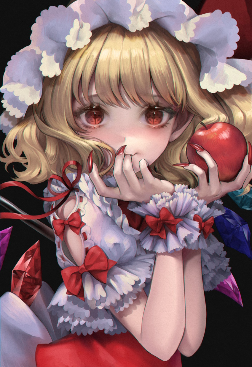 1girl apple black_background blonde_hair bow closed_mouth crystal finger_in_own_mouth fingernails flandre_scarlet food frilled_headwear fruit hat highres holding holding_food holding_fruit long_hair looking_at_viewer miyako_yamamoto mob_cap red_bow red_eyes red_nails sharp_fingernails short_sleeves solo touhou upper_body wings wrist_cuffs