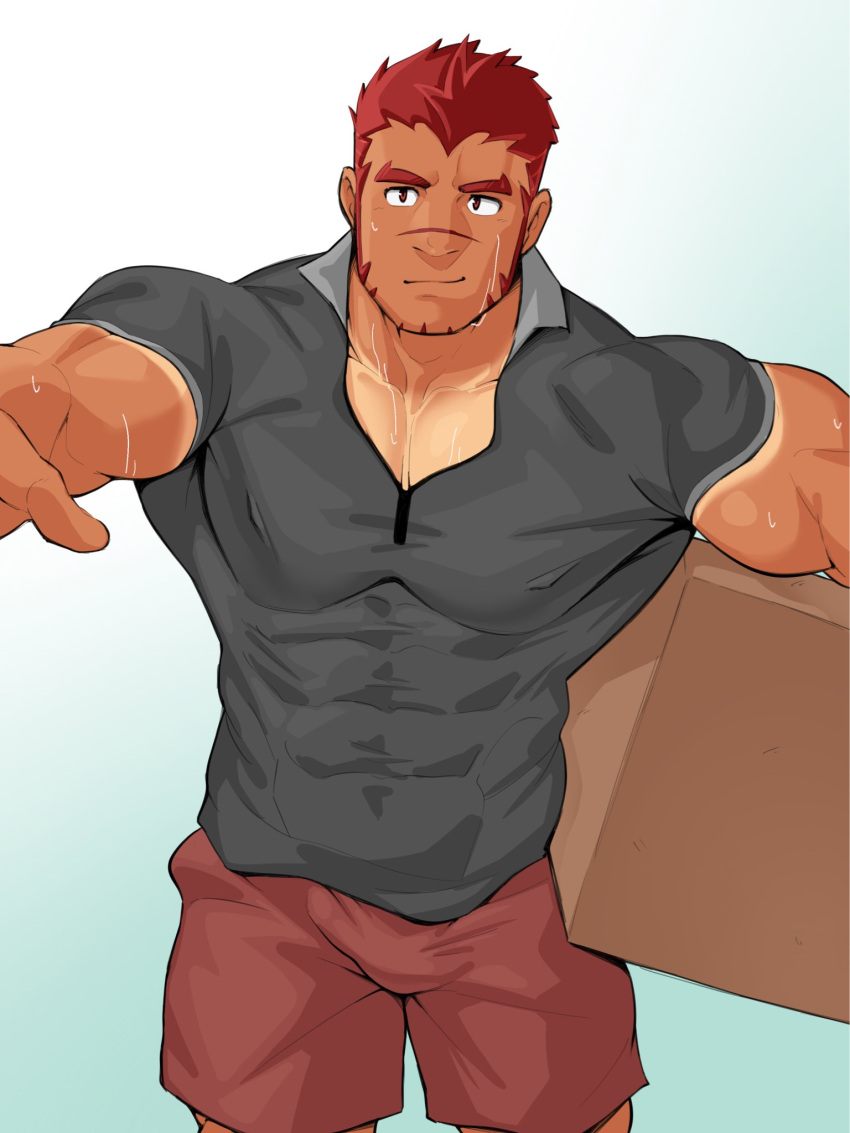 1boy akashi_(live_a_hero) bara box bulge cardboard_box carrying carrying_under_arm chiseled_face covered_nipples cowboy_shot facial_hair goatee highres kansuke_(kansuke_717) large_pectorals live_a_hero long_sideburns looking_at_viewer male_focus muscular muscular_male pectoral_cleavage pectorals polo_shirt red_eyes red_hair scar scar_on_face scar_on_nose short_hair short_shorts shorts sideburns smile solo sweat tan thick_eyebrows very_sweaty