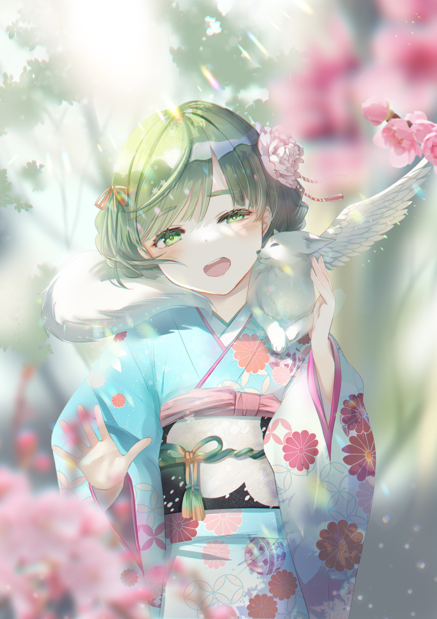 1girl absurdres blue_kimono blurry blurry_background blurry_foreground branch chinese_zodiac commentary_request creature day depth_of_field floral_print flower green_eyes green_hair half-closed_eye head_tilt highres japanese_clothes kimono long_sleeves naruse_chisato nengajou new_year obi on_shoulder original outdoors pink_flower print_kimono sash solo thick_eyebrows uneven_eyes wide_sleeves year_of_the_dragon