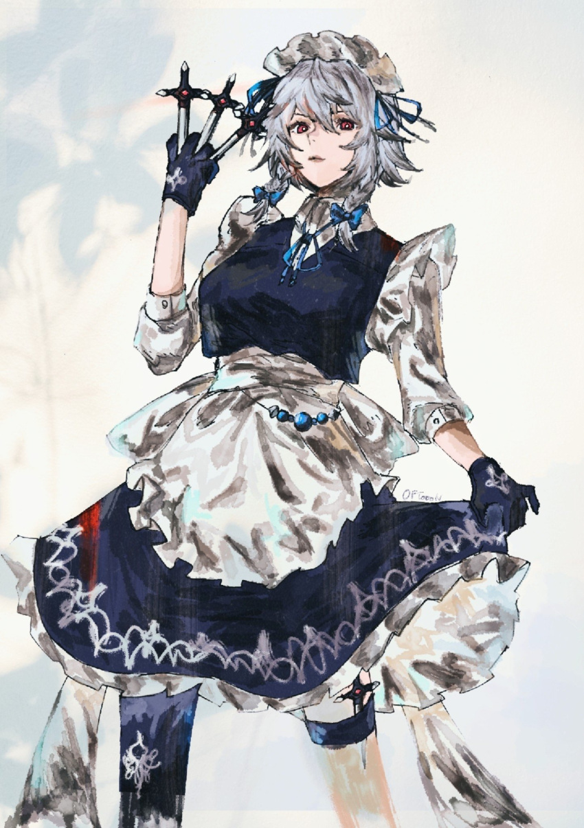 1girl aojirozame1228 apron between_fingers blue_bow blue_dress blue_gloves blue_skirt bow braid closed_mouth clothes_lift dagger dress embodiment_of_scarlet_devil frilled_apron frills gloves grey_hair hair_bow highres holding holding_dagger holding_knife holding_weapon izayoi_sakuya knife knives_between_fingers long_sleeves maid maid_apron maid_headdress pleated_dress pleated_skirt red_eyes short_hair side_braid simple_background single_thighhigh skirt skirt_lift solo thigh_strap thighhighs touhou twin_braids waist_apron weapon white_background white_hair