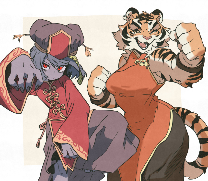 2girls ;d absurdres bare_shoulders bell black_pants breasts chinese_clothes clenched_hands closed_mouth colored_skin cowboy_shot ear_bell fighting_stance furry furry_female grey_background grey_hair grey_nails grey_pants grey_skin grey_skirt hand_up hat highres jiangshi jingle_bell knee_up long_hair long_sleeves looking_at_viewer medium_breasts multiple_girls ofuda ofuda_on_head one_eye_closed open_mouth original outside_border outstretched_arm pants pelvic_curtain red_eyes short_hair skirt sleeveless smile standing standing_on_one_leg swept_bangs talisman tangzhuang tiger_girl toggles tomochiso wide_sleeves wrist_cuffs