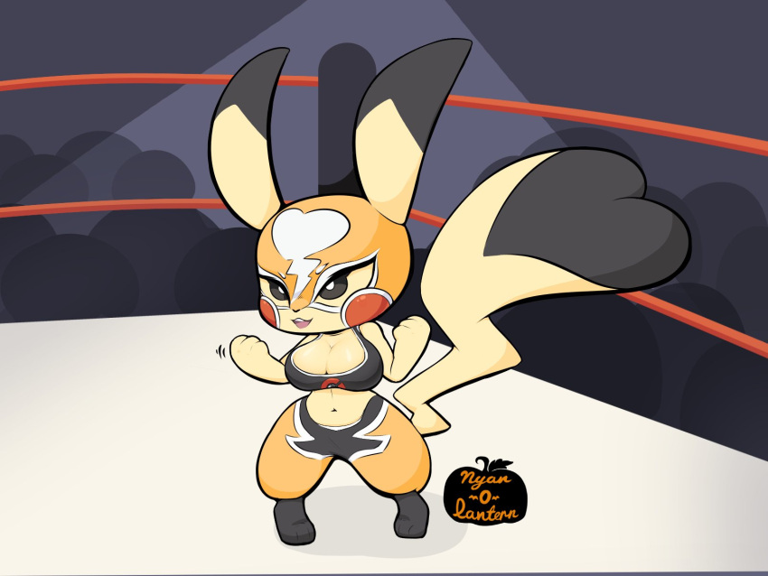 anthro beady_eyes big_breasts black_body black_clothing black_eyes black_fur black_topwear bottomwear breasts cleavage clothed clothing cosplay_pikachu_(costume) dipstick_ears dipstick_tail eyelashes female fighting_ring fur generation_1_pokemon hi_res lucha_libre_mask luchador markings mask multicolored_ears navel nintendo nyan-o-lantern open_mouth open_smile orange_bottomwear orange_clothing orange_mask orange_pants pants pikachu pikachu_libre pokemon pokemon_(species) short_stack smile solo sports_mask sportswear tail tail_markings thick_thighs topwear wide_hips wrestler wrestling_mask wrestling_outfit yellow_body yellow_fur