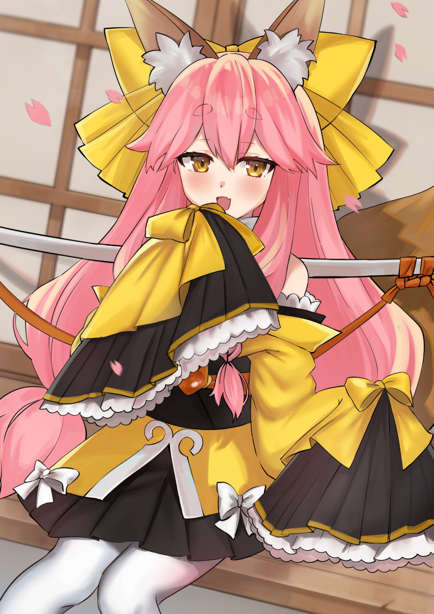 1girl absurdres animal_ear_fluff animal_ears bare_shoulders black_skirt bow braid breasts fate/samurai_remnant fate_(series) fox_ears fox_girl fox_tail hair_between_eyes hair_bow highres japanese_clothes katana kimono long_hair looking_at_viewer mikon_(nicknqme) obi off_shoulder open_mouth pantyhose pink_hair sash sidelocks sitting skirt small_breasts smile solo sword tail tamamo_(fate) tamamo_aria_(fate) thighs twintails weapon white_pantyhose wide_sleeves yellow_bow yellow_eyes yellow_kimono