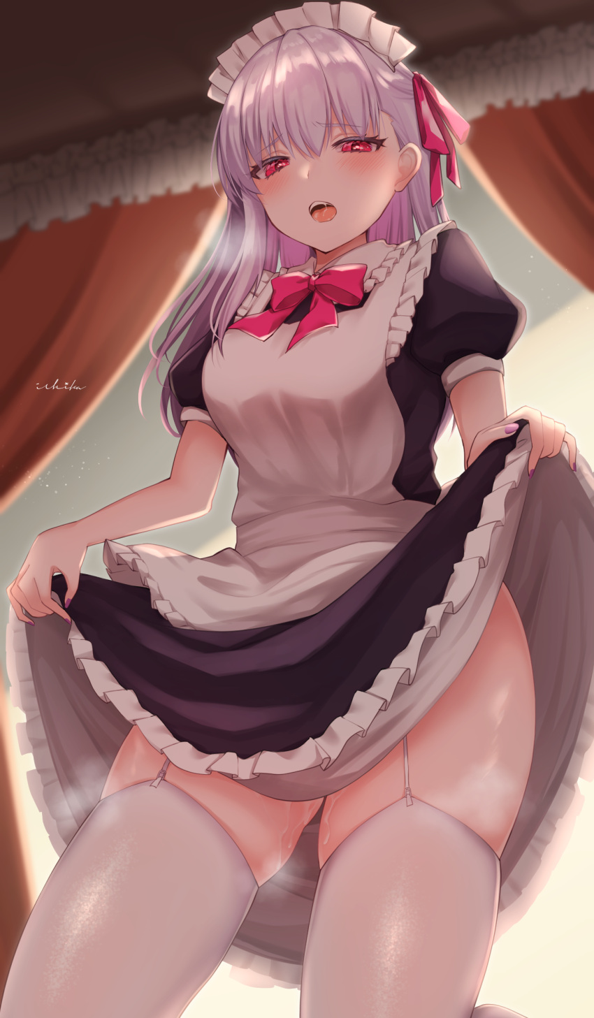1girl absurdres alternate_costume apron black_dress clothes_lift dress dress_lift enmaided eyebrows_visible_through_hair fate/grand_order fate_(series) from_below garter_straps hair_between_eyes hair_ribbon highres ichi_kq kama_(fate) lifted_by_self long_hair looking_at_viewer maid maid_apron maid_headdress naughty_face open_mouth red_eyes ribbon saliva signature solo steam thighhighs white_hair white_legwear