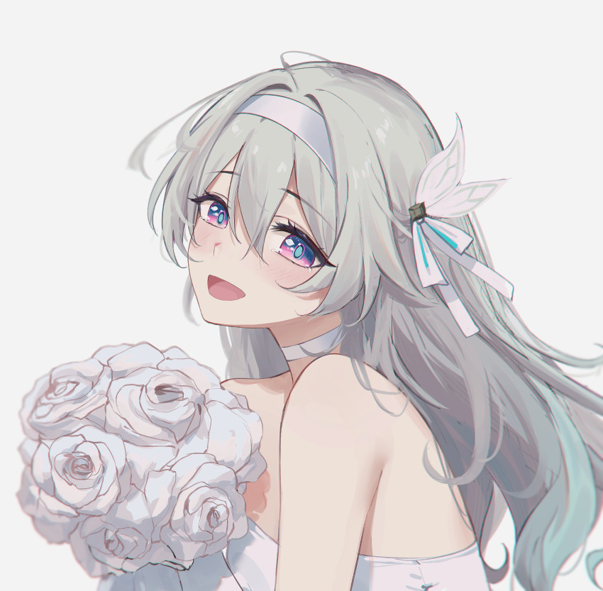 1girl :d absurdres bouquet butterfly_hair_ornament choker commentary dress dress_flower elbow_gloves feint721 firefly_(honkai:_star_rail) flower gloves grey_background grey_hair hair_between_eyes hair_ornament hair_ribbon hairband highres holding holding_bouquet honkai:_star_rail honkai_(series) long_hair looking_at_viewer purple_eyes ribbon rose signature smile solo strapless strapless_dress wedding_dress white_choker white_dress white_flower white_gloves white_hairband white_ribbon white_rose