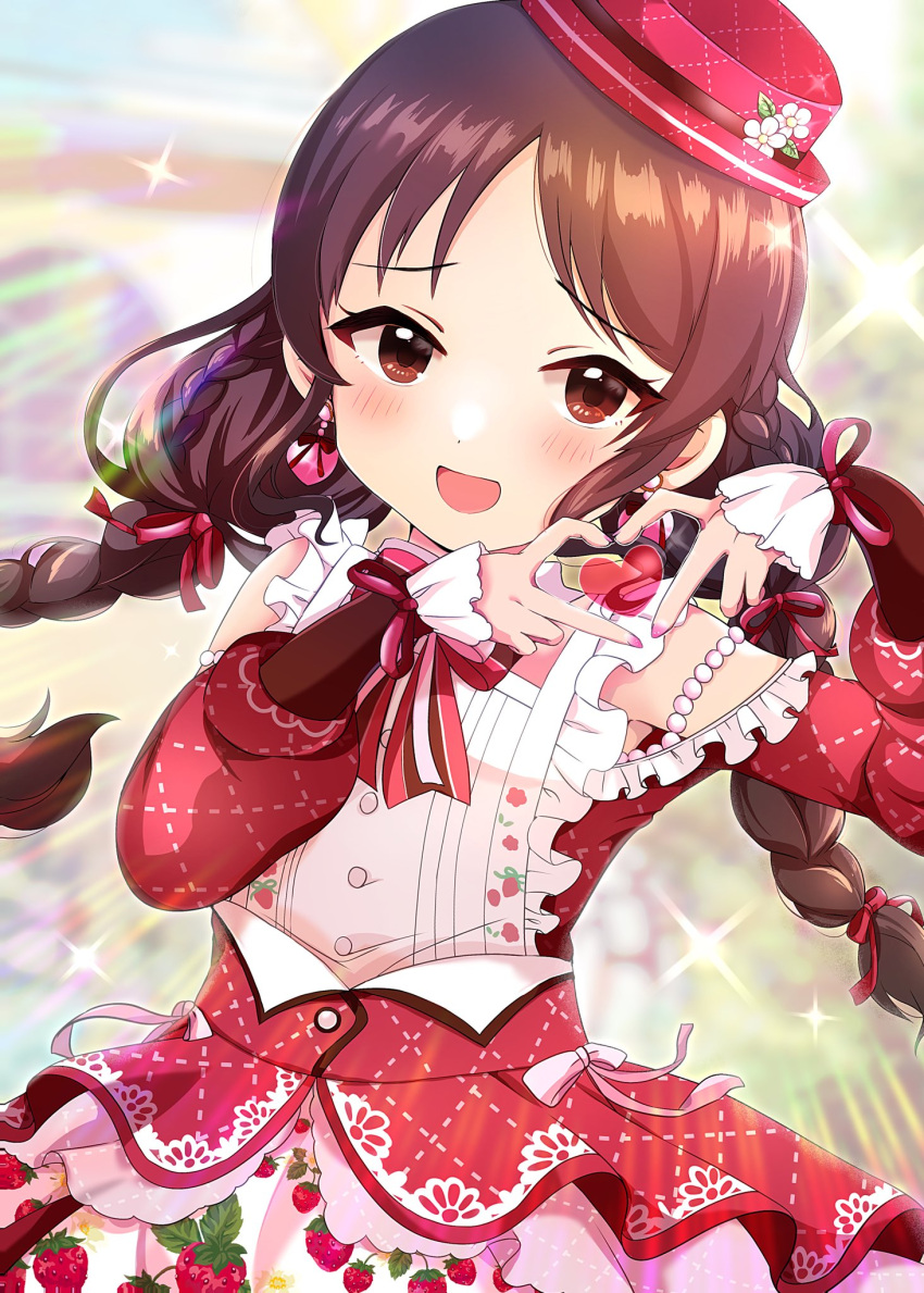 1girl blurry blurry_background blush braid brown_eyes brown_hair buttons clothing_cutout commentary dodotsuki dot_nose dress earrings floral_print food_print frilled_dress frills hair_ribbon hands_up heart heart_earrings heart_hands highres idolmaster idolmaster_cinderella_girls idolmaster_cinderella_girls_starlight_stage jewelry long_hair long_sleeves looking_at_viewer official_alternate_costume official_alternate_hairstyle open_mouth pink_nails print_dress puffy_sleeves red_dress red_headwear red_ribbon ribbon shoulder_cutout sidelocks smile solo sparkle strawberry_print sunlight tachibana_arisu twin_braids