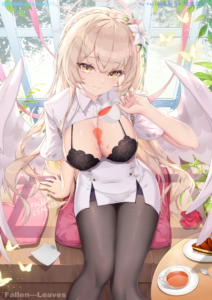 1girl absurdres angel_wings arm_support black_bra black_pantyhose blonde_hair blue_archive bra braid breasts bug butterfly buttons chinese_commentary cleavage closed_mouth collared_dress commentary_request crown_braid cup cushion double-breasted dress fallen-leaves feathered_wings flower food from_above halo head_tilt heart heart-shaped_pillow highres holding holding_cup indoors large_breasts lingerie long_hair nagisa_(blue_archive) nail_polish pantyhose pillow pink_nails pouring pouring_onto_self red_flower red_rose rose sitting smile solo tart_(food) tea teacup underwear very_long_hair white_dress white_wings window wings yellow_eyes