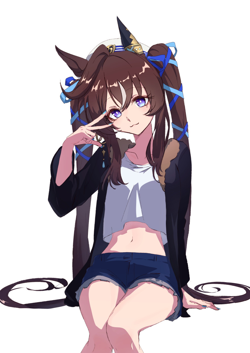 1girl :3 absurdres animal_ears black_jacket blue_shorts breasts brown_hair closed_mouth crop_top crop_top_overhang cutoffs feet_out_of_frame hair_ribbon hand_up hat head_tilt highres horse_ears horse_girl horse_tail invisible_chair jacket long_hair long_sleeves mole mole_under_eye multicolored_nails navel open_clothes open_jacket purple_eyes ribbon shirt shorts simple_background sitting small_breasts smile solo tail twintails umamusume very_long_hair vivlos_(umamusume) w watou white_background white_headwear white_shirt