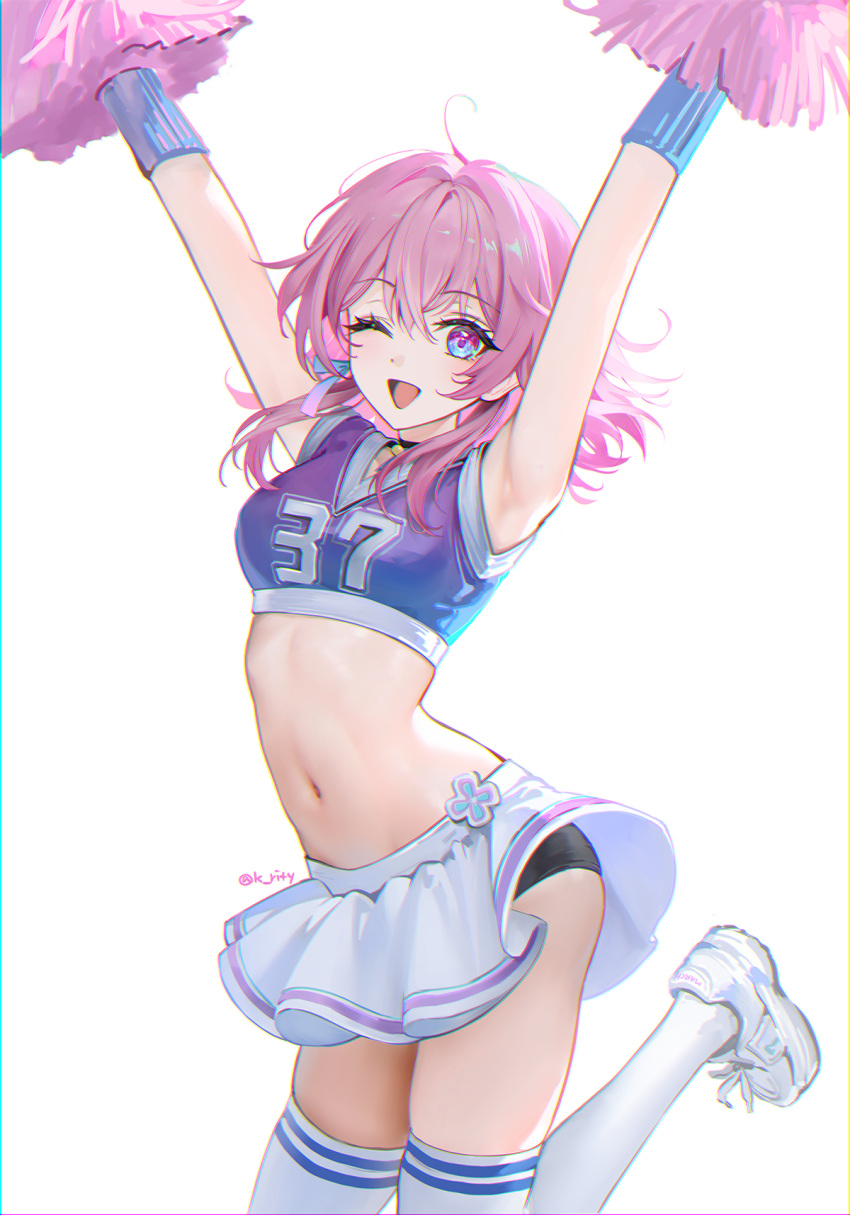 1girl black_panties blue_eyes cheering cheerleader hair_between_eyes highres holding holding_pom_poms honkai:_star_rail honkai_(series) looking_at_viewer march_7th_(honkai:_star_rail) medium_hair midriff navel one_eye_closed open_mouth panties pink_eyes pink_hair pom_pom_(cheerleading) rity shoes smile sneakers solo thighhighs thighs two-tone_eyes underwear