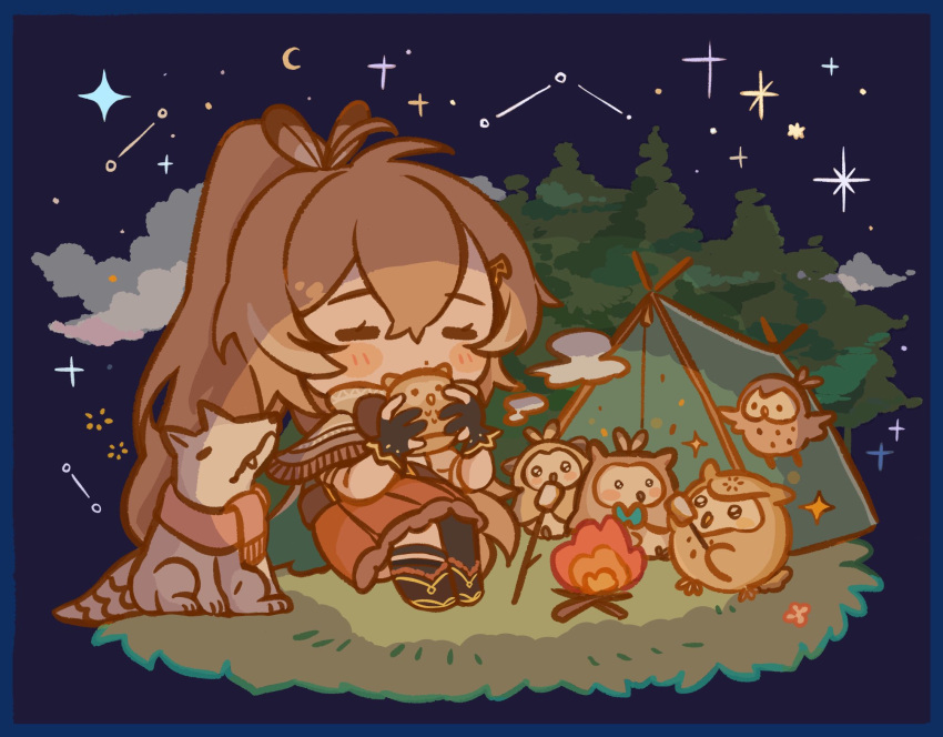 1girl 6+others ahoge animal_(nanashi_mumei) ankle_boots asymmetrical_legwear belt blush boots brown_capelet brown_cloak brown_eyes brown_hair campfire cape capelet chibi cloak closed_eyes cloud cloudy_sky crescent_moon crossed_bangs feather_hair_ornament feathers food forest gloves hair_ornament hairclip highres holding holding_stick hololive hololive_english hooman_(nanashi_mumei) hootsie_(nanashi_mumei) kneehighs long_hair marshmallow moon multicolored_hair multiple_others nanashi_mumei nanashi_mumei_(1st_costume) nature night night_sky partially_fingerless_gloves pleated_skirt ponytail red_skirt roasted_marshmallow scarf schwarztee_w single_kneehigh single_sock single_thighhigh skirt sky socks star_(sky) starry_sky stick streaked_hair tent thighhighs very_long_hair virtual_youtuber