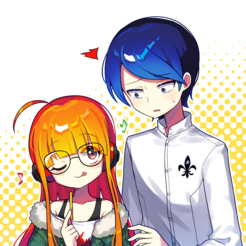 1boy 1girl :p ahoge behind-the-head_headphones blue_eyes blue_hair blunt_bangs constricted_pupils dotted_background food french_fries headphones highres holding holding_food kitagawa_yuusuke long_hair looking_at_another musical_note offbeat one_eye_closed open_mouth orange_hair persona persona_5 sakura_futaba short_hair sidelocks sweatdrop tongue tongue_out two-tone_background upper_body white_background yellow_background