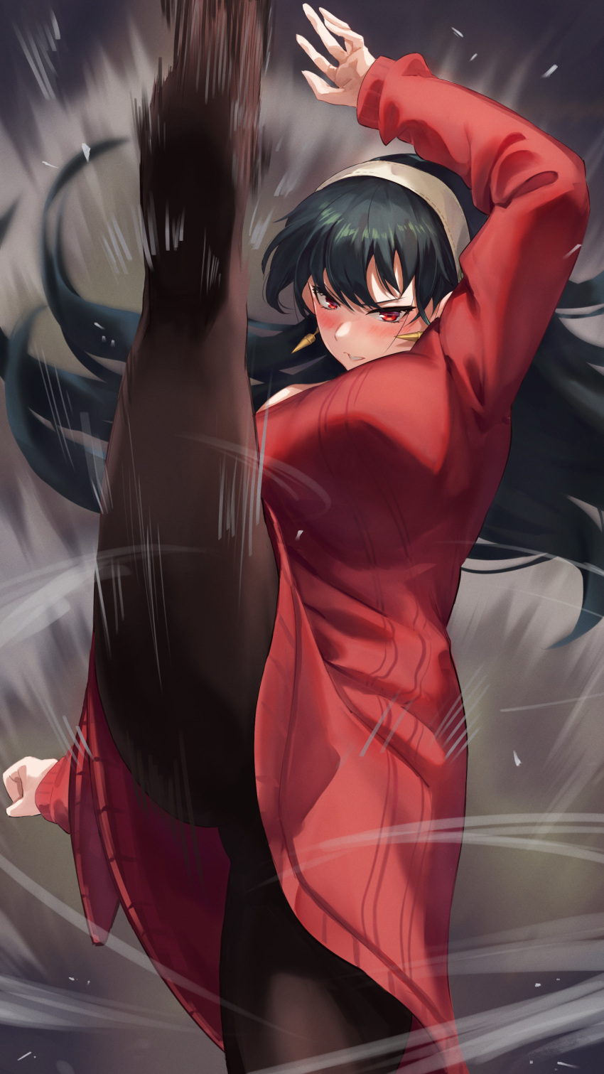 1girl absurdres arm_up axe_kick black_hair blush breasts brown_legwear dress earrings floating_hair gold_earrings hairband highres incoming_attack jewelry kicking large_breasts leg_up long_hair motion_lines pantyhose parted_lips red_eyes red_sweater sakazuki_sudama solo speed_lines spy_x_family standing standing_on_one_leg sweater sweater_dress v-shaped_eyebrows white_hairband yor_briar