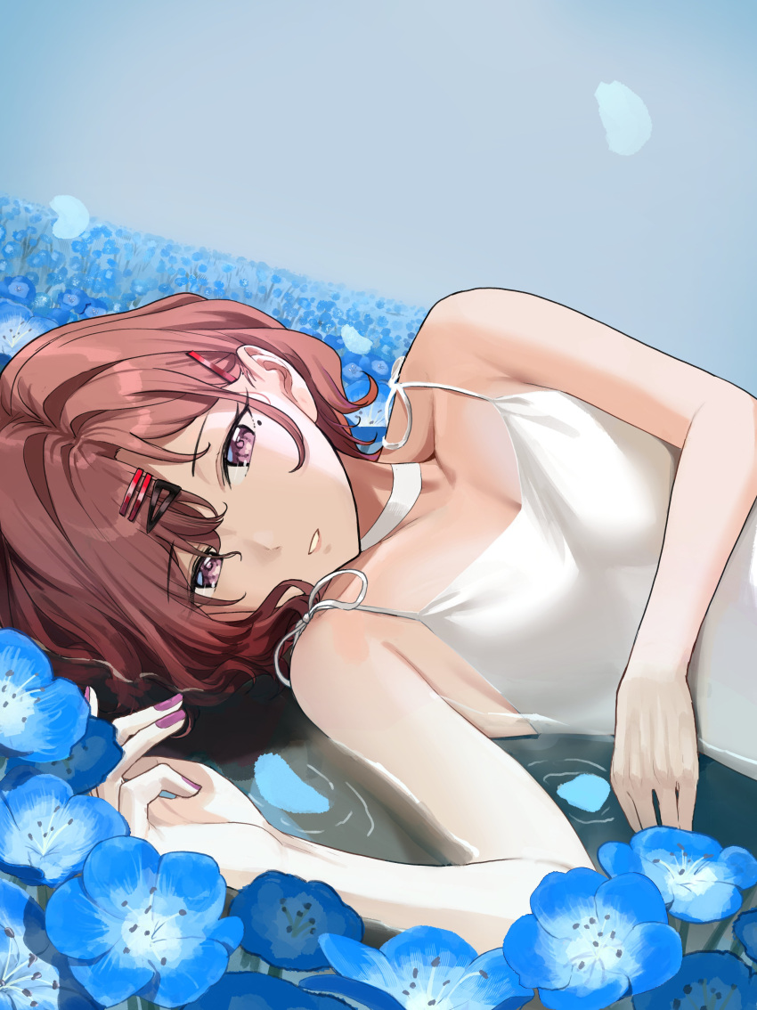 1girl absurdres brown_hair camisole dress flower hair_ornament hairclip highres higuchi_madoka idolmaster idolmaster_shiny_colors lying mole mole_under_eye nonbire on_side partially_submerged purple_eyes revision short_hair sleeveless sleeveless_dress solo swept_bangs upper_body white_dress