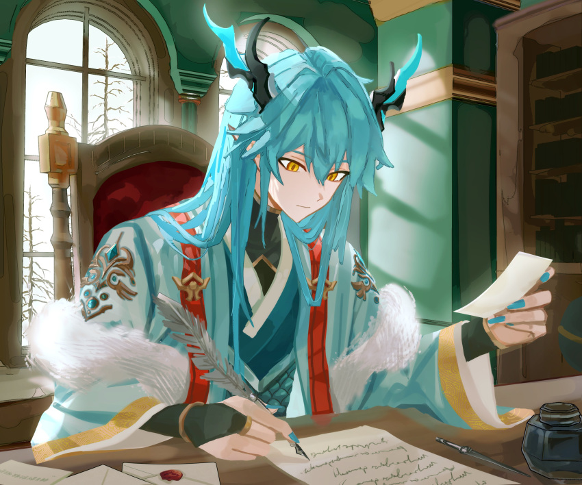 1boy :| absurdres aqua_hair aqua_jacket aqua_nails bare_tree black_bridal_gauntlets black_shirt blue_robe bookshelf bridal_gauntlets chair chinese_clothes closed_mouth day denif_(elsword) dragon_boy dragon_horns elsword expressionless feather_boa hair_between_eyes hair_down hanfu highres holding holding_paper holding_quill horns indoors ink_bottle jacket korean_commentary letter long_hair long_sleeves looking_at_object looking_down male_focus nail_polish paper pointy_ears quill robe scale_print shirt sitting solo sunlight table tree turtleneck upper_body wax_seal window window_shade writing yaho_(bungadance) yellow_eyes