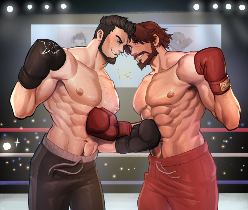 2boys absurdres bara beard black_hair boxing boxing_gloves cassidy_(overwatch) commission cowboy_shot crowd danny_(felixnosi) dark-skinned_male dark_skin eye_contact facial_hair forehead-to-forehead full_beard heads_together highres large_pectorals leo_(lionharrdt) looking_at_another male_focus mature_male multiple_boys muscular muscular_male navel_hair original pectorals short_hair smile thick_eyebrows wrestler wrestling_ring