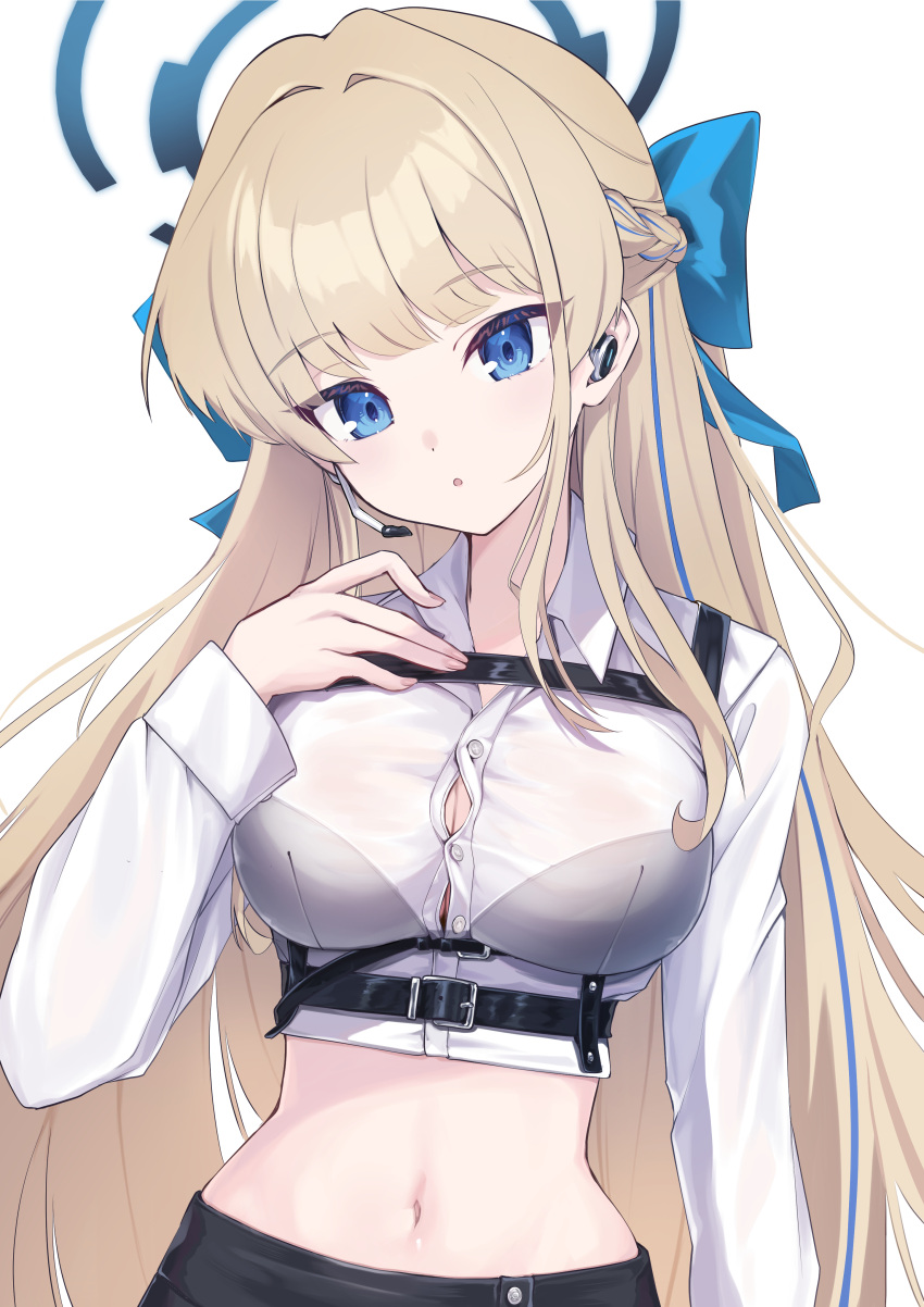 1girl absurdres baba_kirika belt black_belt black_bra blonde_hair blue_archive blue_eyes blue_hair blue_halo blush bra braid breasts buttons cleavage fingernails halo highres large_breasts long_hair long_sleeves looking_at_viewer multicolored_hair navel parted_lips shirt simple_background solo streaked_hair toki_(blue_archive) underwear white_background white_shirt