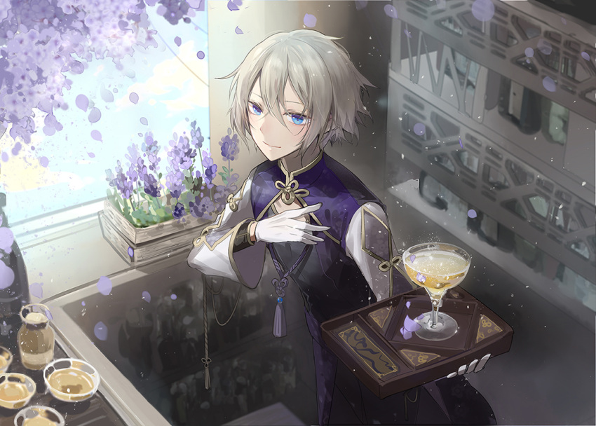 1boy bar_(place) bartender beartoris black_pants black_vest blue_eyes chinese_clothes closed_mouth cocktail counter cowboy_shot cup day drinking_glass falling_petals fate/grand_order fate_(series) flower flower_knot gloves grey_hair hair_between_eyes hand_on_own_chest holding holding_tray jar lavender_(flower) layered_sleeves light_particles long_sleeves looking_at_viewer male_focus pants petals plant potted_plant prince_of_lan_ling_(fate) purple_flower shelf short_hair sidelocks smile solo standing tailcoat tassel tray vest white_gloves white_sleeves window