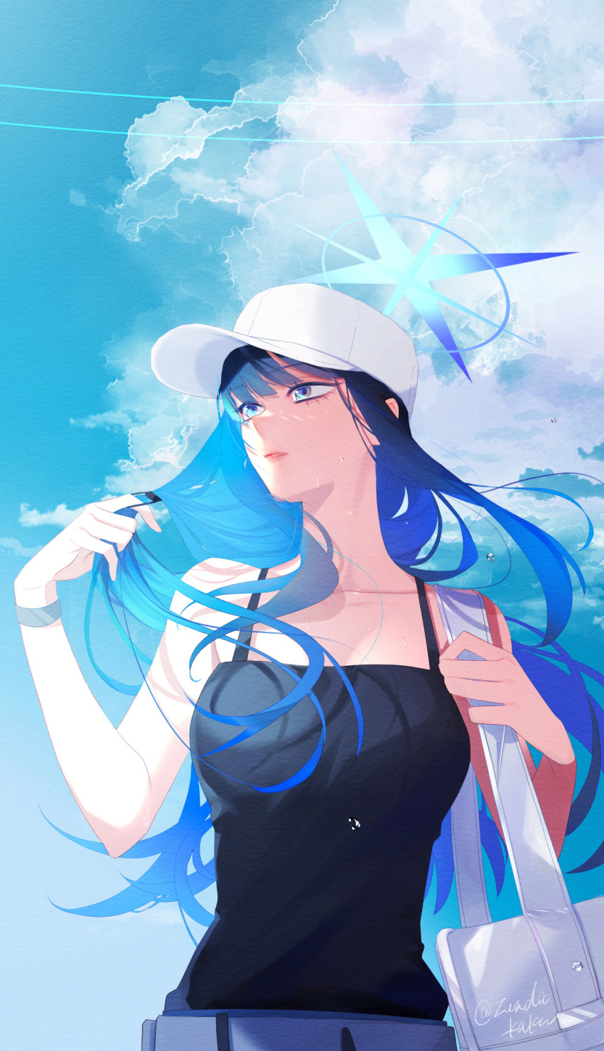 1girl absurdres bag bare_shoulders baseball_cap black_camisole blue_archive blue_hair blue_sky breasts camisole cloud collarbone floating_hair halo hat highres holding holding_bag large_breasts long_hair looking_to_the_side outdoors parted_lips saori_(blue_archive) sky solo twitter_username upper_body very_long_hair white_headwear zunda_kaku