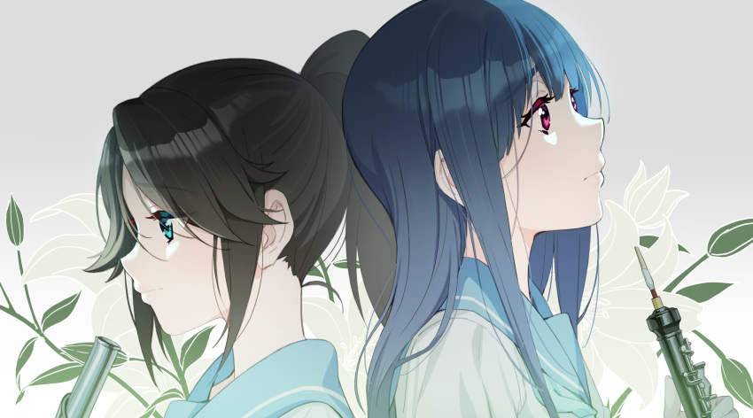 2girls absurdres bangs black_hair blue_eyes blue_hair blue_neckerchief blue_sailor_collar closed_mouth flower flute hibike!_euphonium highres holding holding_instrument instrument kasaki_nozomi kitauji_high_school_uniform lily_(flower) liz_to_aoi_tori long_hair multiple_girls neckerchief oboe ponytail red_eyes sailor_collar school_uniform serafuku shirt smile white_flower white_shirt yoroizuka_mizore zhanzheng_zi