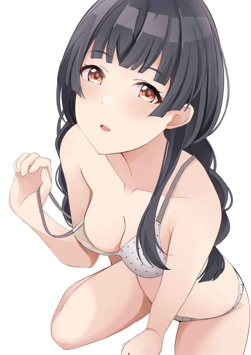 1girl black_hair blunt_bangs bra breasts brown_eyes collarbone grey_bra grey_panties highres idolmaster idolmaster_shiny_colors long_hair looking_at_viewer mayuzumi_fuyuko medium_breasts open_mouth panties simple_background solo tukikataumemo underwear underwear_only white_background