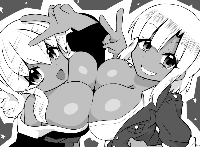 2girls absurdres breasts cleavage greyscale grin gyaru hair_ornament highres japanese_clothes jashin-chan_dropkick kimono large_breasts long_hair looking_at_viewer monochrome moyuru_pen multiple_girls open_mouth police police_uniform policewoman short_hair simple_background smile snowflake_hair_ornament tachibana_mei_(jashin-chan_dropkick) uniform v yusa_(jashin-chan_dropkick)