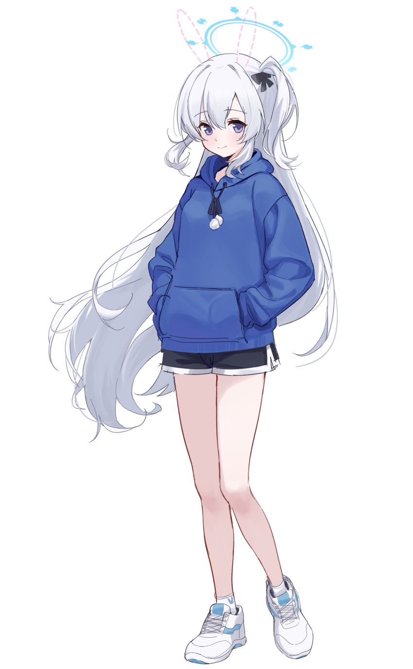 1girl absurdres blue_archive blue_halo blue_hoodie blush closed_mouth commentary english_commentary full_body grey_hair gyool hair_between_eyes halo highres hood hood_down hoodie long_hair long_sleeves looking_at_viewer miyako_(blue_archive) one_side_up purple_eyes shoes simple_background smile socks solo white_background white_footwear white_socks