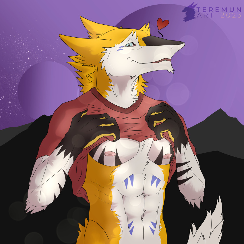 1:1 2023 abs absurd_res anthro blue_eyes clothing digital_drawing_(artwork) digital_media_(artwork) hi_res male muscular red_clothing red_shirt red_topwear sergal shaded shirt simple_background simple_shading smile solo teremun teremunart topwear waist_up