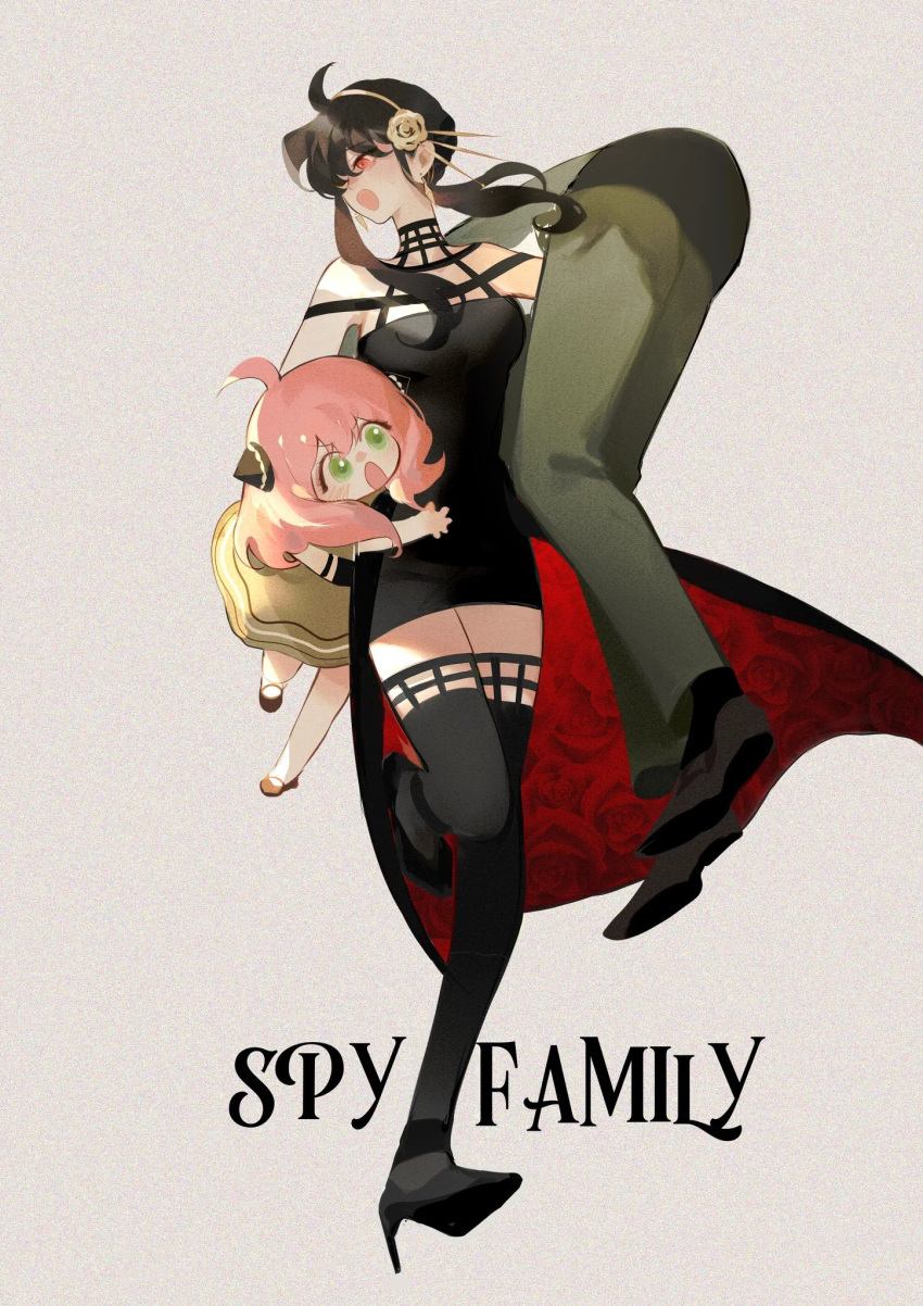 1boy 2girls :o ahoge anya_(spy_x_family) bangs black_dress black_eyes blush carrying carrying_person collared_shirt commentary copyright_name dress father_and_daughter full_body gold_hairband green_eyes green_pants grey_background high_heels highres horn_ornament horns husband_and_wife long_hair long_sleeves looking_to_the_side mother_and_daughter multi-strapped_dress multiple_girls pants pink_hair red_eyes shirt shoes sleeveless sleeveless_dress spy_x_family thighhighs twilight_(spy_x_family) two-sided_dress two-sided_fabric white_shirt yionyi23 yor_briar