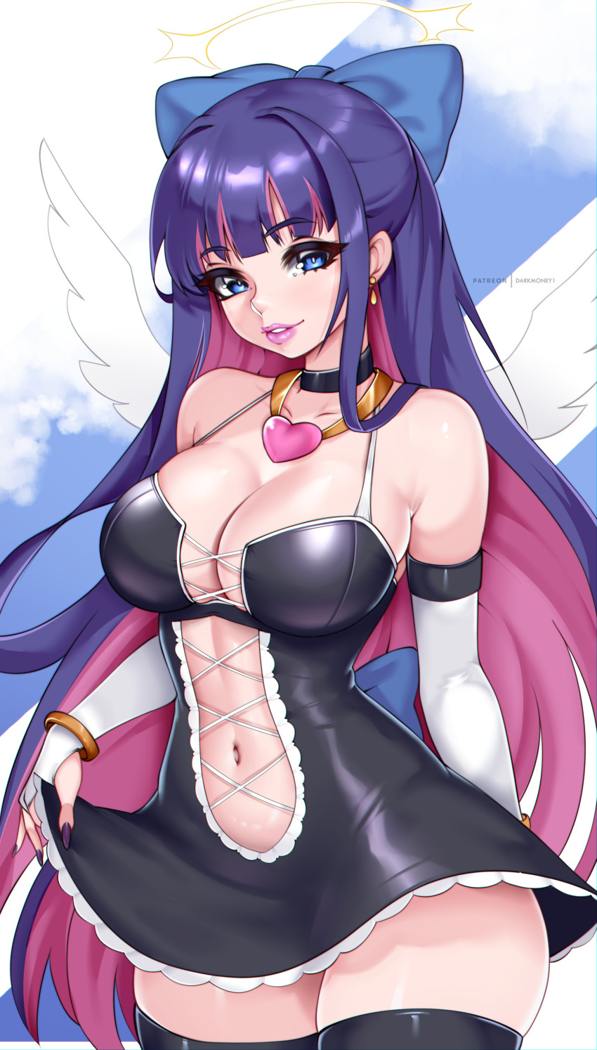 1girl absurdres alternate_costume angel angel_wings bare_shoulders black_dress black_nails blue_eyes blue_sky bow breasts clothes_lift colored_inner_hair cropped_legs darkmoney dress english_commentary feathered_wings hair_bow halo heart highres jewelry large_breasts lifted_by_self lips looking_at_viewer multicolored_hair navel necklace panty_&amp;_stocking_with_garterbelt parted_lips pink_hair pink_lips purple_hair revealing_clothes skirt skirt_lift sky stocking_(psg) thighhighs wings