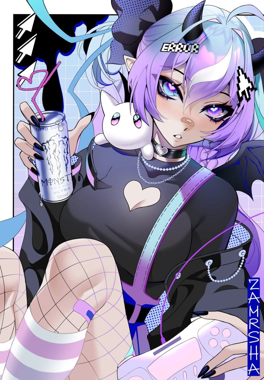 1girl artist_name black_jacket black_nails black_shirt blue_eyes breasts can cleavage cleavage_cutout clothing_cutout commission controller cursor fishnet_pantyhose fishnets heterochromia highres holding holding_can holding_controller horns indie_virtual_youtuber jacket long_sleeves looking_at_viewer medium_breasts minikyuu_(vtuber) monster_energy multicolored_hair off_shoulder pantyhose playstation_controller purple_eyes purple_hair purple_pantyhose shirt solo streaked_hair virtual_youtuber white_hair zamrsha