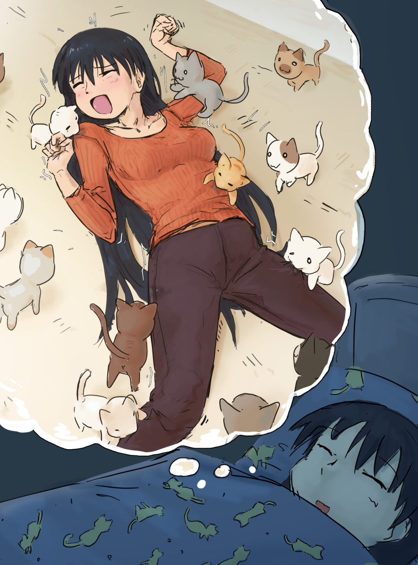 1girl absurdres animal azumanga_daioh bed black_hair cat dreaming highres liamickpie long_hair sakaki_(azumanga_daioh) sleeping solo sweater thought_bubble