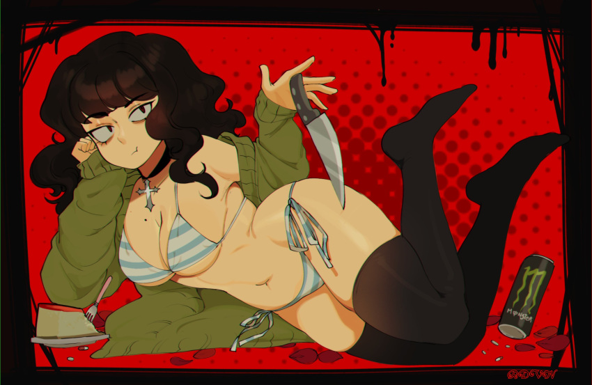 1girl bikini black_hair black_thighhighs breasts choker closed_mouth cross english_commentary food fork full_body green_sweater highres knife legs_up long_hair long_sleeves medium_breasts mole mole_on_breast monster_energy navel original petals plate pudding red_background reondoven solo striped_bikini striped_clothes sweater swimsuit thighhighs