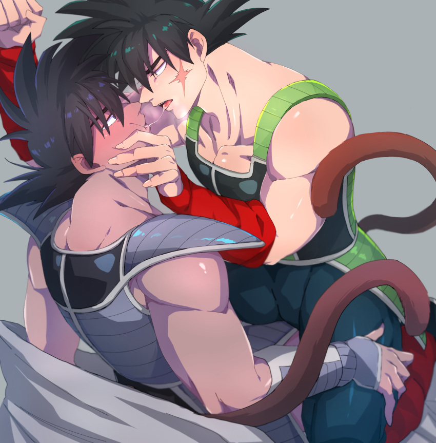 2boys after_kiss anamogu_(kuro771017) bangs bara bardock black_hair black_pants blush cheek_press chest_armor dark-skinned_male dark_skin dragon_ball dragon_ball_z eye_contact highres large_pectorals looking_at_another male_focus monkey_tail multiple_boys muscular muscular_male on_person pants pectorals saiyan_armor saliva saliva_trail scar scar_on_cheek scar_on_face short_hair sitting sitting_on_person spiked_hair tail tongue tongue_out tullece vambraces yaoi