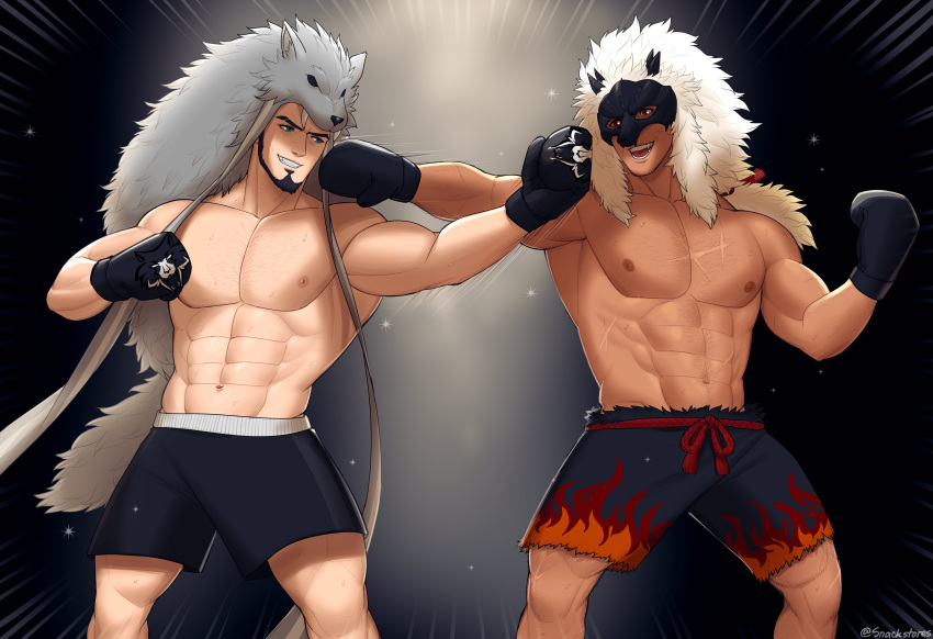 2boys :d absurdres bara beard black_hair black_shorts boxing boxing_gloves character_request commission danny_(felixnosi) dark-skinned_male dark_skin facial_hair feet_out_of_frame flame_print full_beard highres large_pectorals male_focus mature_male monster_hunter_(series) multiple_boys muscular muscular_male original pectorals scar scar_on_chest short_hair shorts smile snackstores sparse_chest_hair standing thick_eyebrows topless_male trait_connection wolf_hood wrestler wrestling
