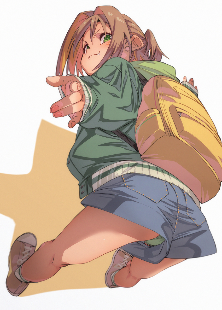 1girl backpack bag blue_shorts blush brown_footwear brown_hair closed_mouth commentary_request fang fingernails from_behind fu-ta green_eyes green_jacket green_panties highres jacket long_sleeves looking_at_viewer looking_back multicolored_hair oka_asahi onii-chan_wa_oshimai! panties red_hair shoes shorts smile solo standing two-tone_hair underwear