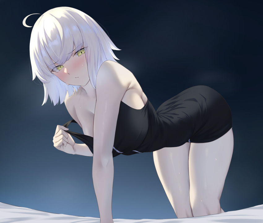1girl absurdres ahoge bare_shoulders black_dress blush breasts cleavage dress fate/grand_order fate_(series) grey_hair highres jeanne_d'arc_alter_(fate) jeanne_d'arc_alter_(ver._shinjuku_1999)_(fate) large_breasts leaning_forward looking_at_viewer okuma707 short_dress short_hair solo thighs yellow_eyes