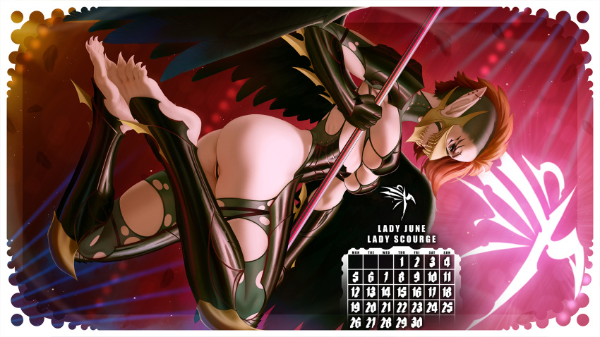 1girl ass asymmetrical_hair black_panties black_thighhighs border breasts calendar_(medium) clenched_hand closed_mouth copyright_request earrings feathered_wings from_side gloves highres holding holding_weapon jewelry large_breasts panties pointy_ears red_background red_hair sharp_toenails short_hair shoulder_plates sidecut themaestronoob thighhighs toenails torn_clothes torn_gloves torn_thighhighs undercut underwear weapon white_border wings