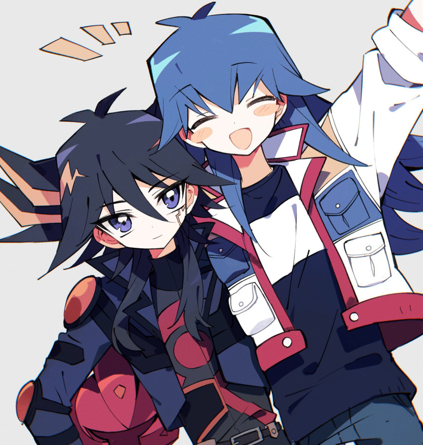 2boys alternate_hair_length alternate_hairstyle arm_up black_hair black_pants black_shirt blue_eyes blue_hair blue_jacket blue_pants blue_shirt blush_stickers bruno_(yu-gi-oh!) closed_eyes commentary cropped_jacket denim dutch_angle elbow_pads facial_mark facial_tattoo fudou_yuusei grey_background happy helmet highres izuygo jacket jeans leather_belt light_smile long_hair male_focus motorcycle_helmet multicolored_clothes multicolored_hair multicolored_jacket multiple_boys notice_lines open_clothes open_jacket pants shirt short_hair_with_long_locks shoulder_pads sidelocks smile spiked_hair standing streaked_hair t-shirt tattoo turtleneck_shirt unworn_headwear unworn_helmet upper_body waving yu-gi-oh! yu-gi-oh!_5d's