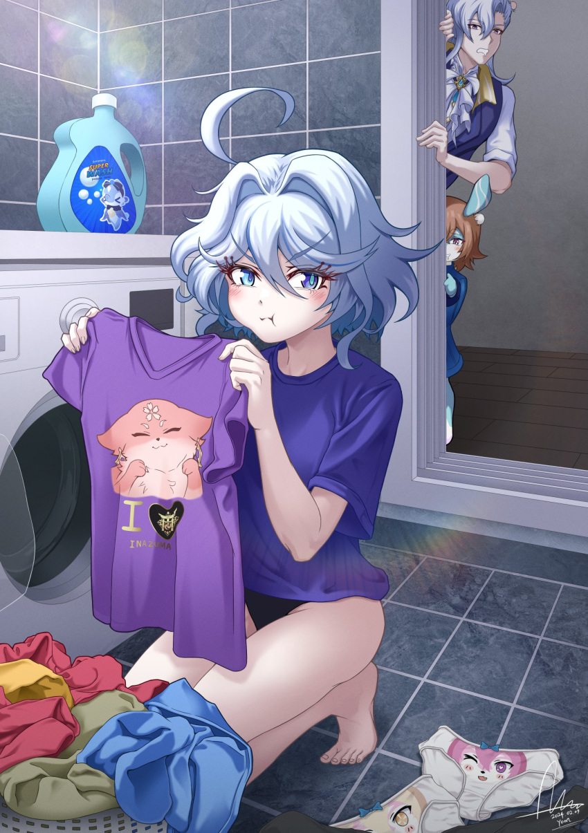 1boy 2girls :t ahoge bare_legs barefoot black_panties blue_eyes blue_hair blue_shirt blue_vest blush brown_hair commentary dasoin furina_(genshin_impact) genshin_impact hair_intakes highres holding holding_clothes holding_shirt indoors looking_at_viewer melusine_(genshin_impact) multiple_girls neuvillette_(genshin_impact) no_headwear no_pants panties purple_shirt shirt short_hair short_sleeves underwear v-shaped_eyebrows vest washing_machine white_panties yae_miko yae_miko_(fox)